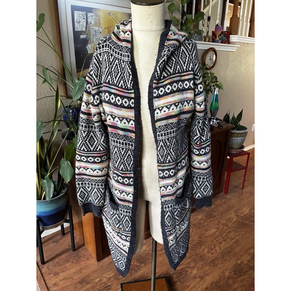 MONTEAU Multicolor Fair Isle Hooded Cardigan M Rainbow Pastel Mountain Cozy